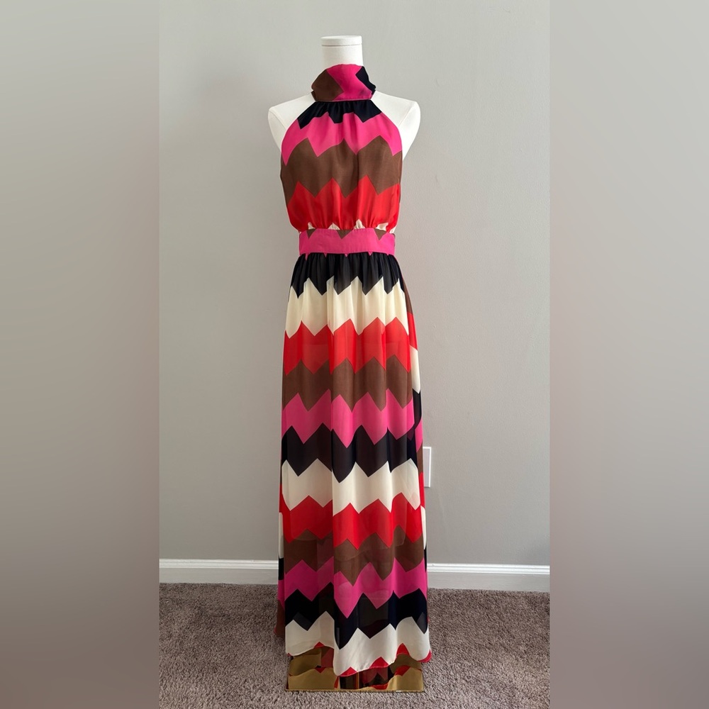 Ark & Co Chiffon Maxi Dress Red Pink Brown Cream Navy Blue Chevron Pattern Small